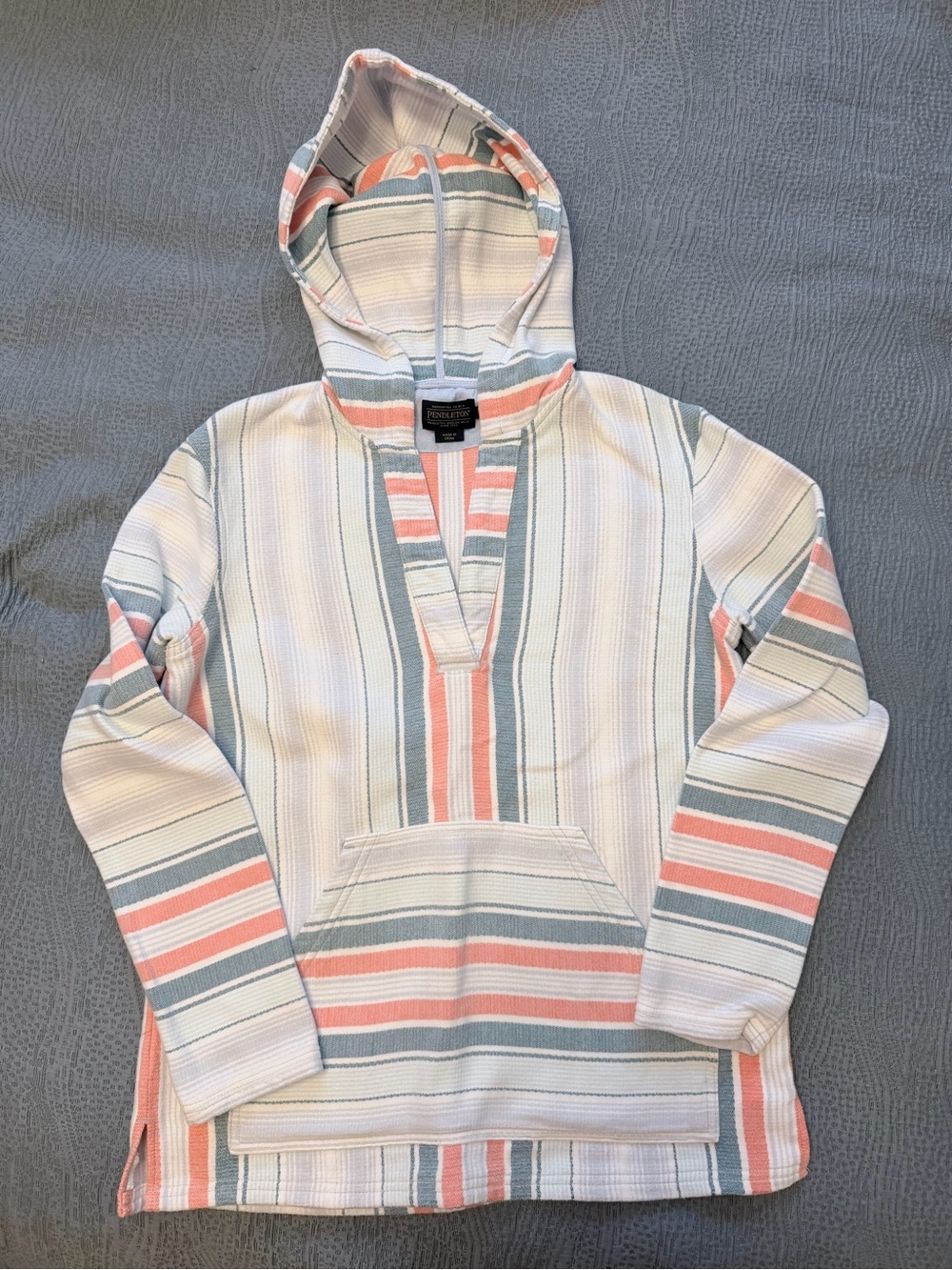 Pendleton White, Coral & Gray Striped Hooded Pullover Sweater